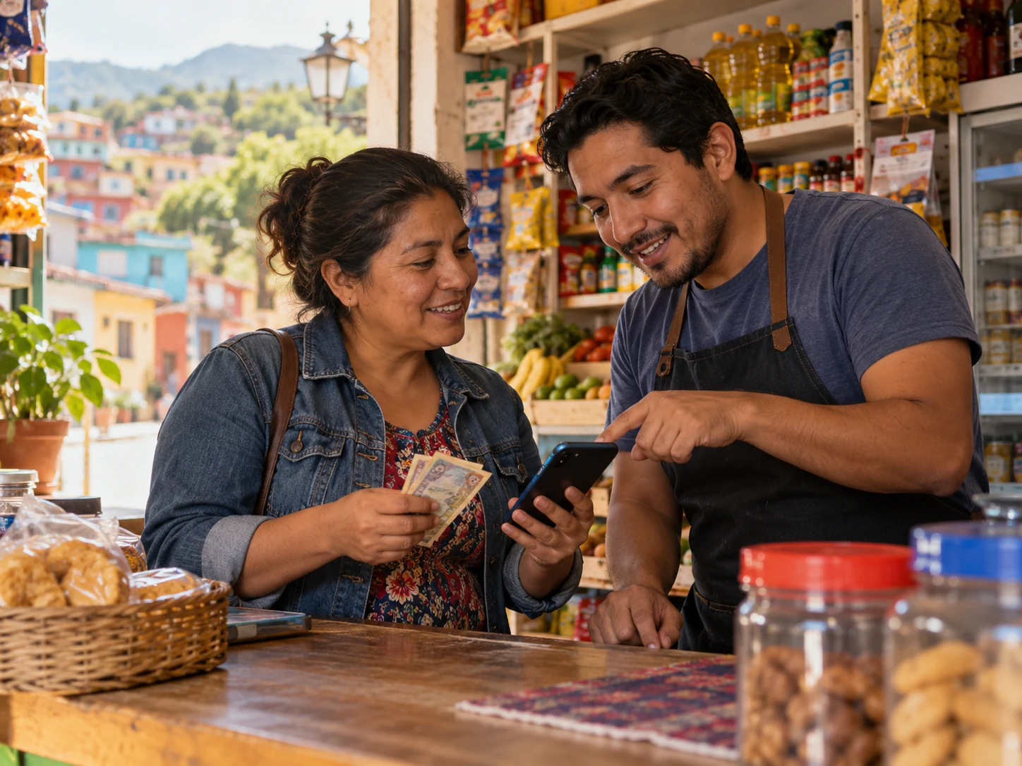 Cliente y comerciante revisan una operaci&oacute;n desde el tel&eacute;fono mientras combinan efectivo y herramientas digitales en una tienda de barrio.